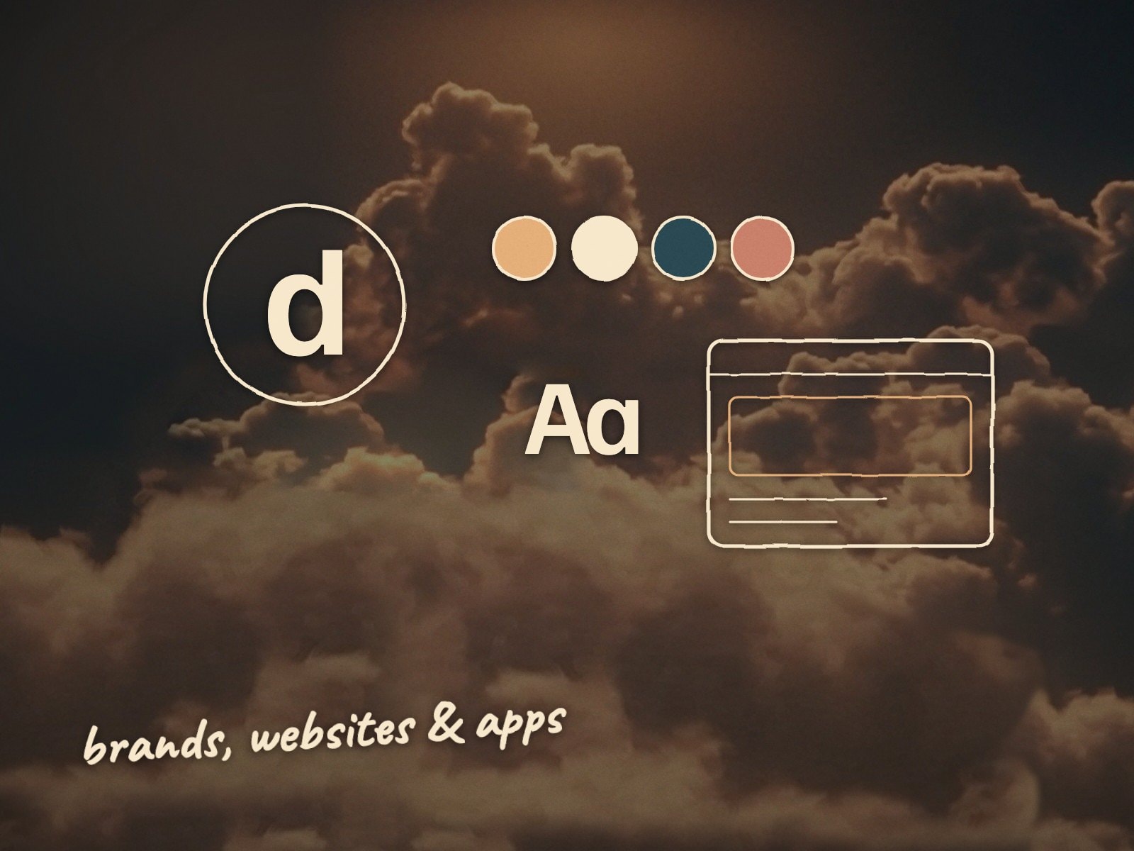 A hand-drawn brand board over dusk clouds