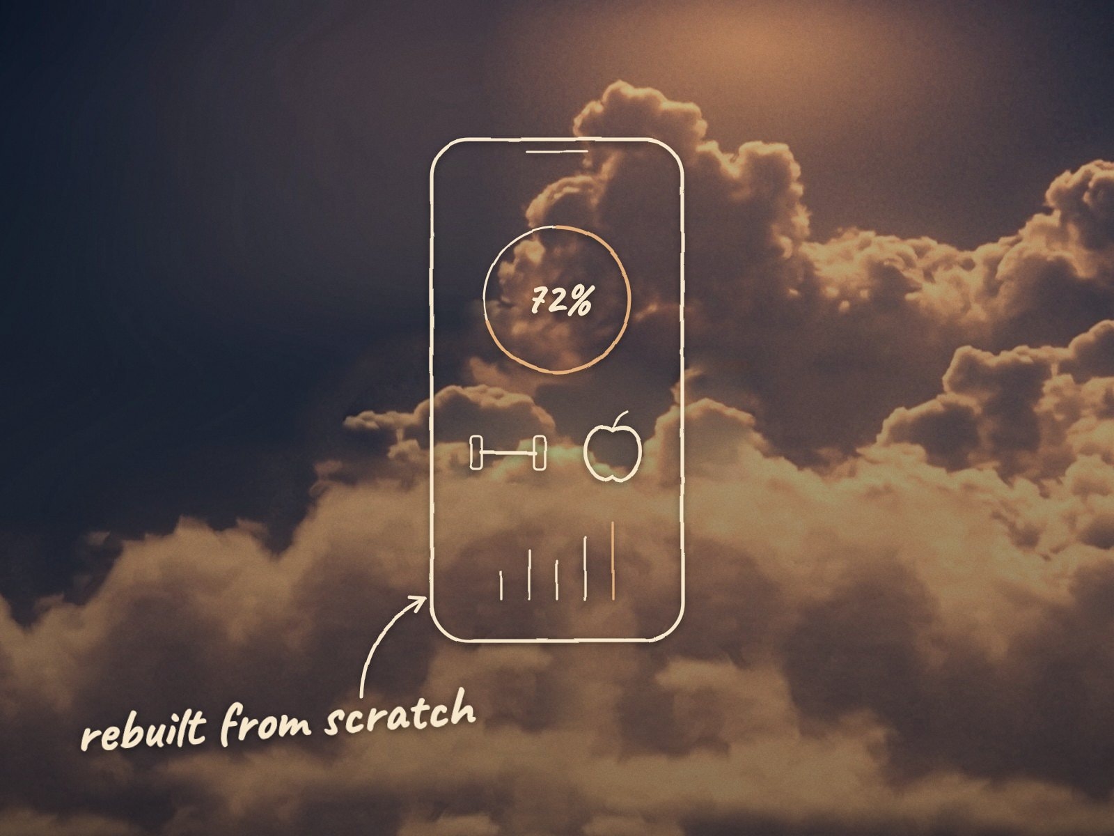 A hand-drawn sketch of a fitness app over sunrise clouds